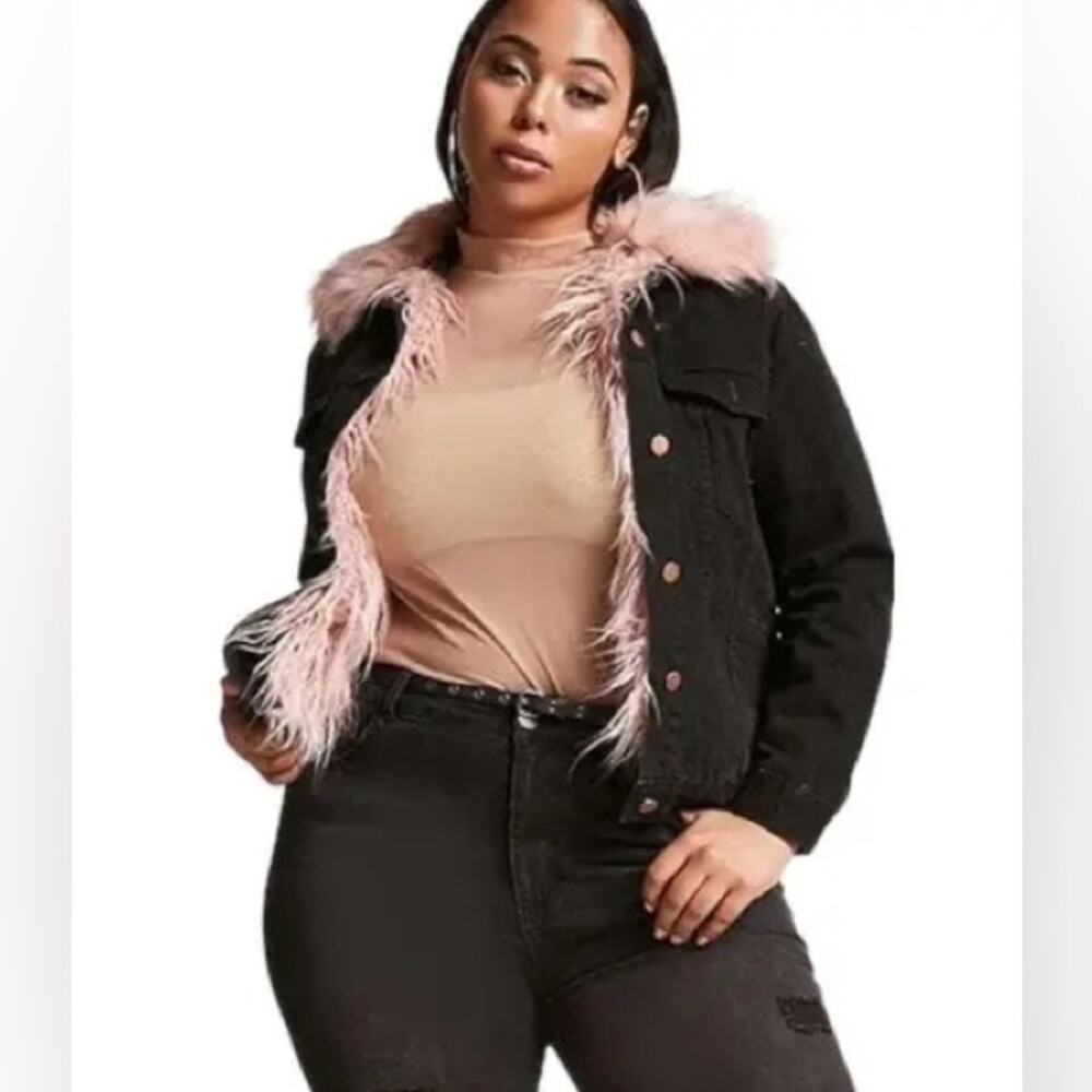 NWOT Shaci Pink Shaggy Faux Fur Lined Black Denim Jacket S